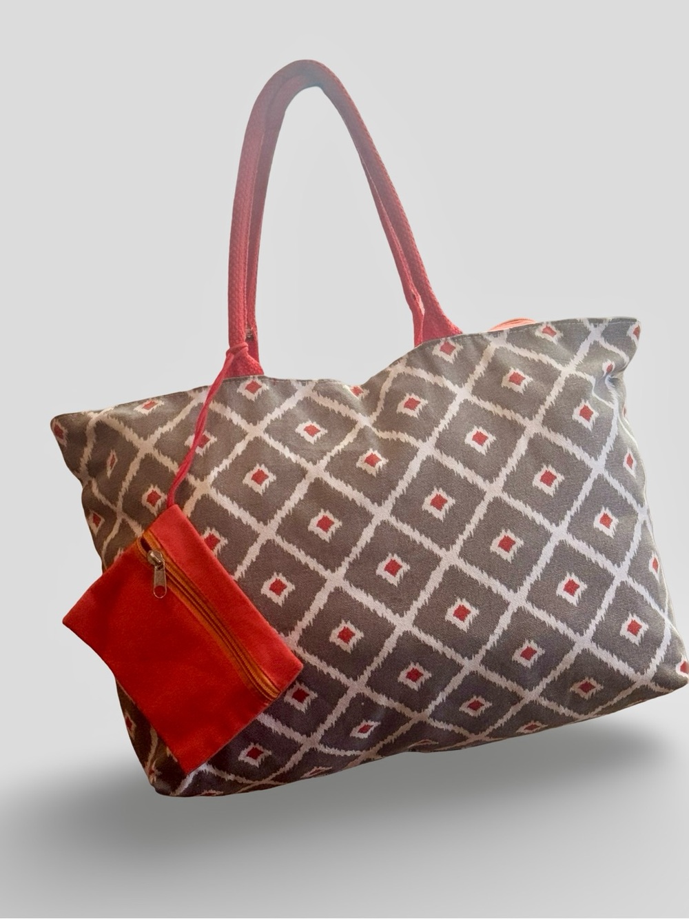 Cotton Canvas Geometric Ikat Print Gary, Ivory And Red Beach Tote Bag